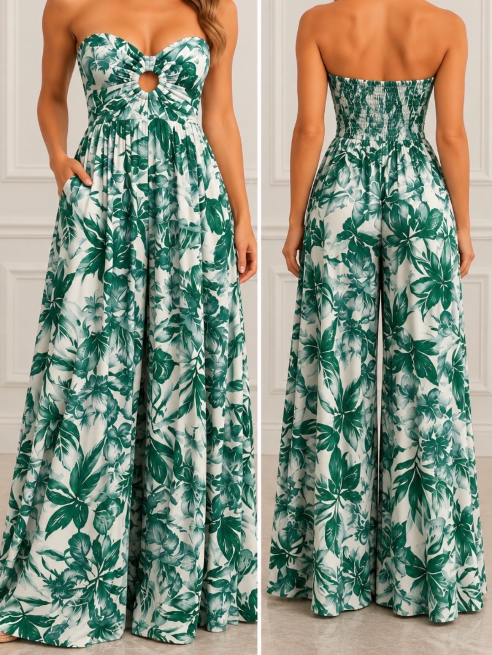Aakaa strapless, tropical Palazzo jumpsuit in green and white size small